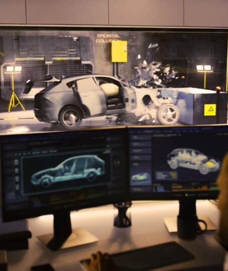 An engineer in a crash test lab uses a car crash test system to simulate a traffic accident, to obtain the safety parameters of an eco-friendly cutting edge electric vehicle being developed