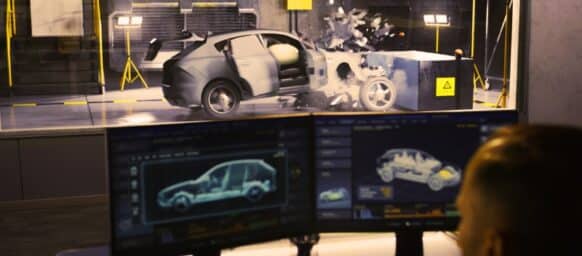 An engineer in a crash test lab uses a car crash test system to simulate a traffic accident, to obtain the safety parameters of an eco-friendly cutting edge electric vehicle being developed