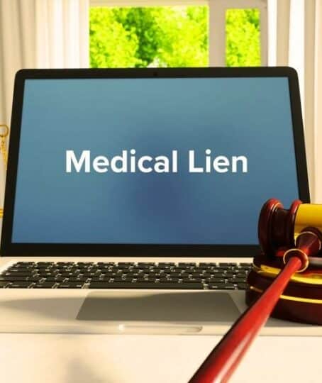 Medical Lien – Law, Judgment, Web. Laptop in the office with term on the screen