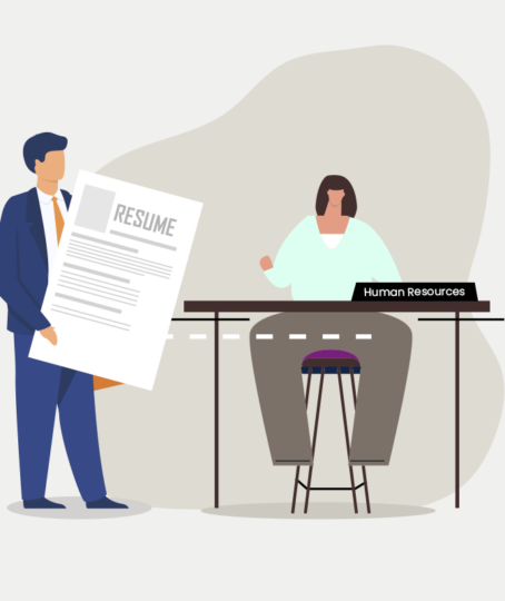 cartoon image of a man hading over a resume to an HR employee