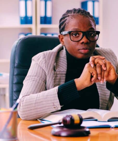 Black female lawyer in courthouse