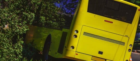 The bus flew off the road and crashed into a tree