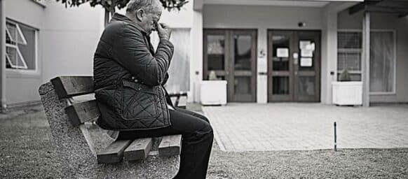 ns and Fines Depressed senior man sitting on bench