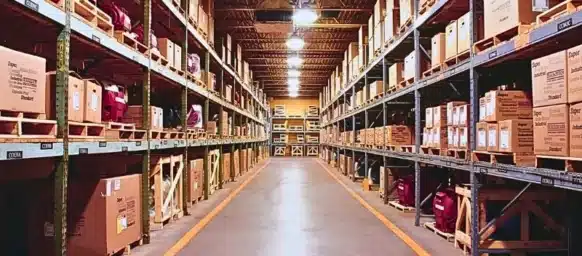 Parts warehouse aisle of of manufacturing company. Preventing warehouse injuries