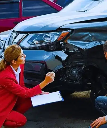 Man reporting and insurance agent filling claim form near broken car outdoors.