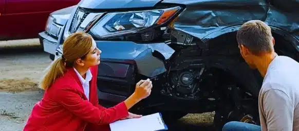 Man reporting and insurance agent filling claim form near broken car outdoors.