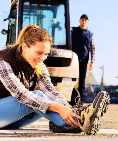 Woman worker feeling pain in ankle after work accident.