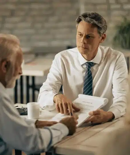 Man in a tie discussing documents with an older couple at a table.