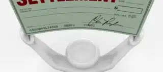3D figure holding up a large check with the word "SETTLEMENT" prominently printed in red across the top.