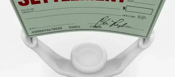 3D figure holding up a large check with the word "SETTLEMENT" prominently printed in red across the top.