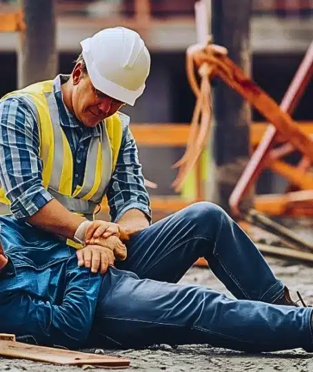 A construction worker sitting on the ground at a construction site, holding their wrist as if injured.
