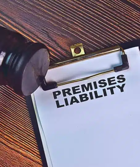 A gavel resting near a clipboard with the words "Premises Liability" written on it, set on a wooden surface.