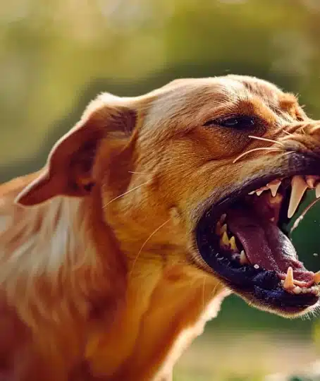 A dog with its mouth open, baring sharp teeth in an aggressive or defensive posture.