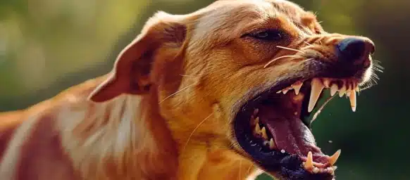 A dog with its mouth open, baring sharp teeth in an aggressive or defensive posture.