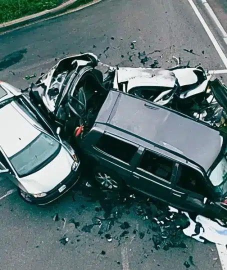 A severe car crash involving three vehicles at an intersection.