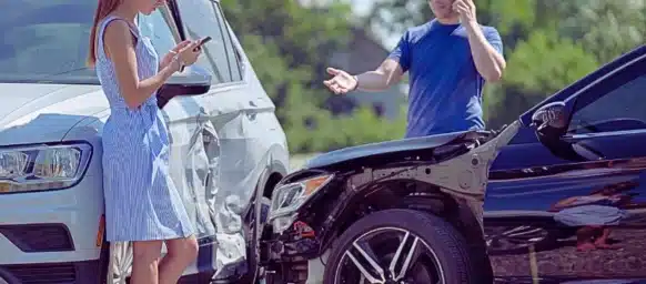 Aftermath of a minor two-car collision, where the drivers are handling the situation and reporting the accident. What Happens If the At-Fault Driver Has Only Minimum Insurance in Illinois