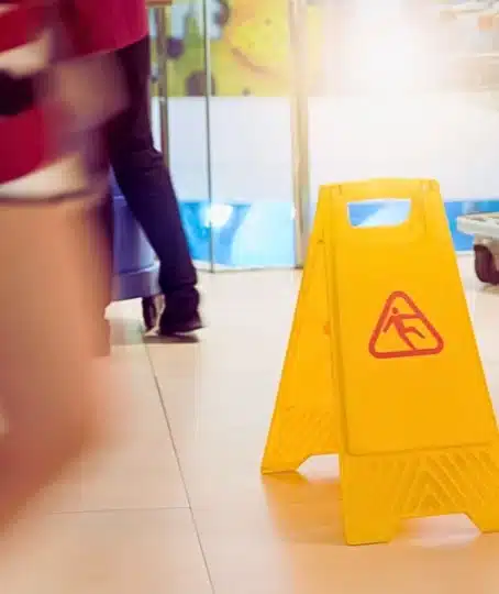 Yellow wet floor caution sign in public area. sue Walmart for a slip and fall