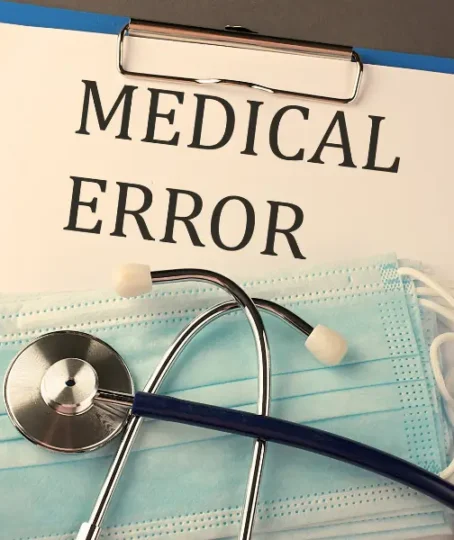 "MEDICAL ERROR" text on clipboard with stethoscope and masks.