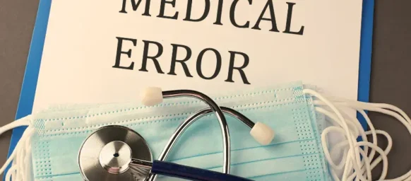 "MEDICAL ERROR" text on clipboard with stethoscope and masks.