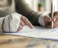 A woman's bandaged hands are holding a pen as she appears to be signing a document. gather evidence after an Illinois accident