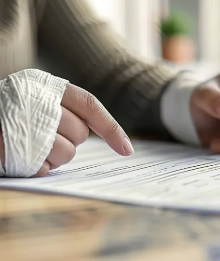 A woman's bandaged hands are holding a pen as she appears to be signing a document. gather evidence after an Illinois accident