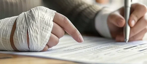 A woman's bandaged hands are holding a pen as she appears to be signing a document. gather evidence after an Illinois accident