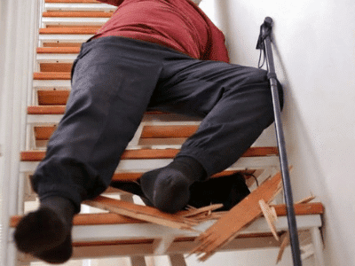 An elderly person fallen on a staircase next to broken wooden steps and a walking cane sue after falling on broken stairs